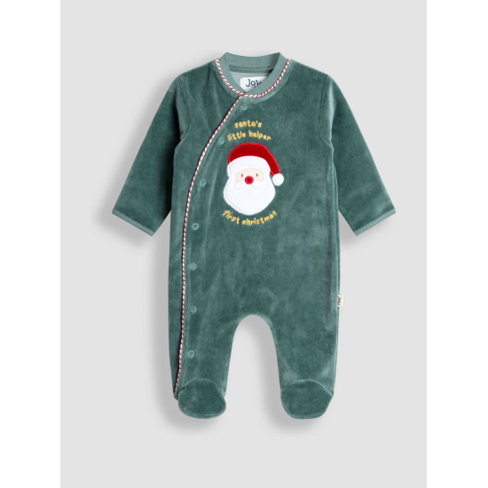 JoJo Maman Bébé Green Santa My First Christmas Velour All-In-One